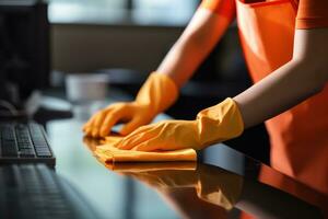 ai gegenereerd dichtbij omhoog handen vervelend oranje rubber handschoenen schoonmaak de werk bureau. generatief ai foto