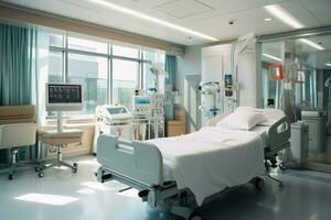 ai gegenereerd modern ziekenhuis kamer met een bed, comfortabel medisch interieur van een leeg ziekenhuis bed en herstel kamer met bed ai gegenereerd foto