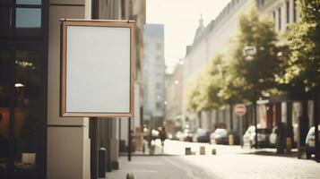 ai gegenereerd generatief ai, kleding winkel straat uithangbord bespotten omhoog voor logo ontwerp, merk presentatie, esthetisch gedempt neutrale kleuren foto