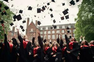 ai gegenereerd gelukkig meisje afgestudeerd. meisje afstuderen vieren academisch prestatie. diploma uitreiking petten gegooid in de lucht. ai gegenereerd foto