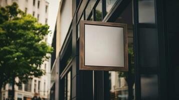 ai gegenereerd generatief ai, koffie winkel straat uithangbord bespotten omhoog voor logo ontwerp, merk presentatie, esthetisch gedempt neutrale kleuren, Aan de muur buitenshuis foto