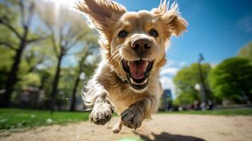 ai gegenereerd foto van een gelukkig hond spelen halen in een levendig stedelijk. generatief ai