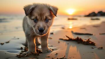 ai gegenereerd foto van een nieuwsgierig puppy verkennen een zanderig strand Bij zonsondergang. generatief ai