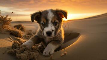 ai gegenereerd foto van een nieuwsgierig puppy verkennen een zanderig strand Bij zonsondergang. generatief ai