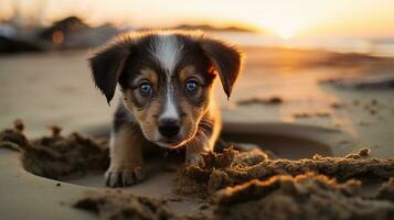 ai gegenereerd foto van een nieuwsgierig puppy verkennen een zanderig strand Bij zonsondergang. generatief ai