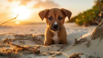 ai gegenereerd foto van een nieuwsgierig puppy verkennen een zanderig strand Bij zonsondergang. generatief ai