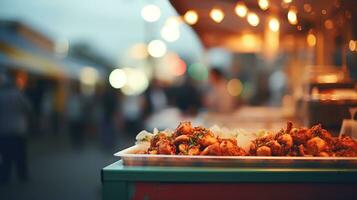 ai gegenereerd generatief ai, voedsel vrachtauto straat festival, wazig lichten achtergrond, sfeervol bokeh, gedempt kleuren foto