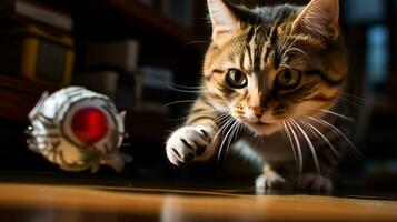 ai gegenereerd foto van een kat batting Bij een speelgoed- muis in een speels. generatief ai