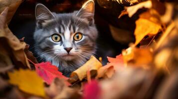 ai gegenereerd foto van een kat genesteld tussen kleurrijk herfst bladeren. generatief ai