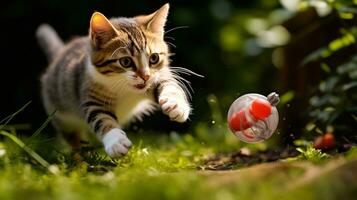 ai gegenereerd foto van een kat batting Bij een speelgoed- muis in een speels. generatief ai