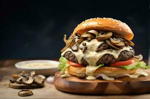 ai gegenereerd snel voedsel detailopname schot van heerlijk rundvlees hamburger foto