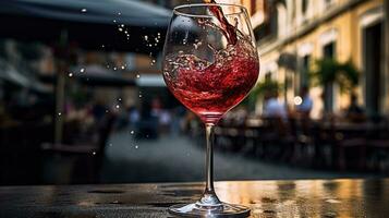 ai gegenereerd generatief ai, glas van rood wijn Aan houten tafel met vervagen achtergrond met lichten van straat bar, cafe of restaurant foto