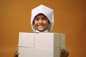 ai gegenereerd een glimlachen jong jongen poseren met een karton doos foto