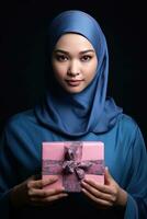 ai gegenereerd een vrouw vervelend een hoofddoek houdt een roze doos, mogelijk met een geschenk foto