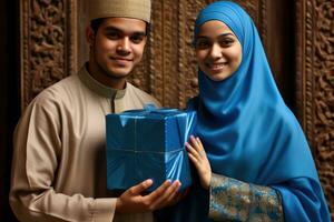 ai gegenereerd een Mens en een vrouw presenteren een cadeau verpakt doos. foto