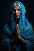 ai gegenereerd Indisch vrouw bidden met handen samen foto