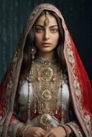 ai gegenereerd oostelijk Europese vrouw in traditioneel cultureel kleding foto