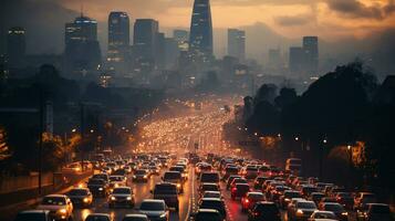 ai gegenereerd een foto van een smog gedekt stadsgezicht met verkeer congestie gedurende stormloop uur. generatief ai