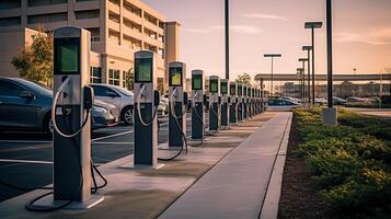 ai gegenereerd een foto van een rij van elektrisch opladen stations voor voertuigen in een stad parkeren kavel. generatief ai