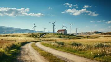 ai gegenereerd een foto van een hernieuwbaar energie wind boerderij in actie, met wind turbines spinnen tegen een Doorzichtig blauw lucht. generatief ai