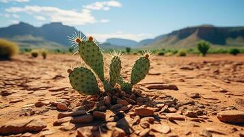 ai gegenereerd een foto van een uitgedroogd woestijn landschap met gebarsten aarde en een cactus. generatief ai