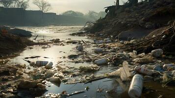 ai gegenereerd een foto van een vervuild oever van de rivier met weggegooid verspilling en vervuild water. generatief ai