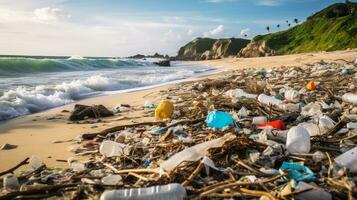 ai gegenereerd een foto van een afval bezaaid strand met plastic puin en marinier vervuiling. generatief ai