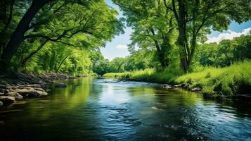 ai gegenereerd een foto van een weelderig, groen oever van de rivier bloeiend met dieren in het wild en Doorzichtig water. generatief ai