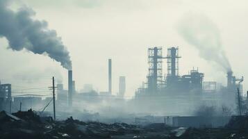 ai gegenereerd een foto van een stad horizon gedeeltelijk verduisterd door fabriek rook. generatief ai