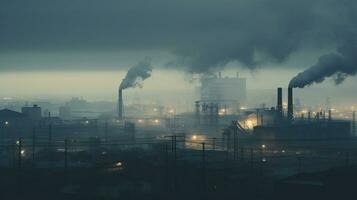 ai gegenereerd een foto van een stadsgezicht gehuld in vroeg ochtend- mist en fabriek rook. generatief ai