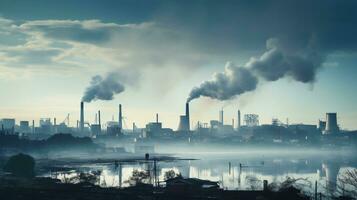 ai gegenereerd een foto van een stad horizon gedeeltelijk verduisterd door fabriek rook. generatief ai
