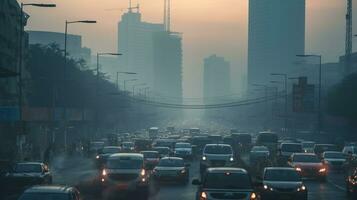 ai gegenereerd een foto van een bezig stedelijk kruising omhuld in smog en vervuiling. generatief ai