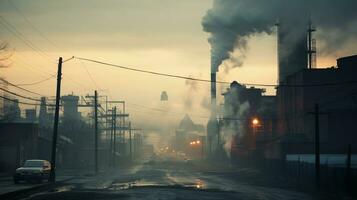 ai gegenereerd een foto van een stadsgezicht gehuld in vroeg ochtend- mist en fabriek rook. generatief ai