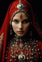 ai gegenereerd de mysterieus en cultureel schoonheid van een vrouw in traditioneel hoofddeksels foto