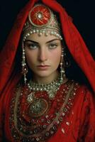 ai gegenereerd Rajasthani vrouw vervelend traditioneel jurk en hoofdtooi foto