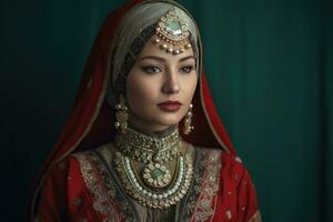 ai gegenereerd elegant Indisch vrouw in traditioneel kleding foto
