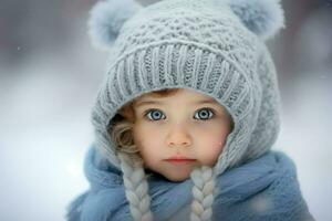 ai gegenereerd een schattig meisje in de sneeuw , een schattig weinig meisje is vervelend een harig hoed en sjaal in winter ai gegenereerd foto