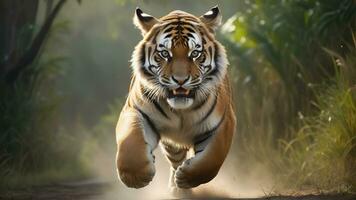 ai gegenereerd tijger aanval, realistisch afbeeldingen van wild dier aanvallen foto