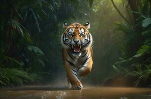 ai gegenereerd tijger aanval, realistisch afbeeldingen van wild dier aanvallen foto