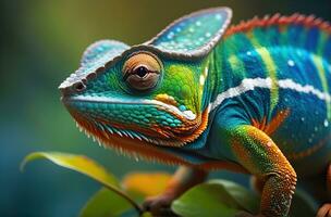 ai gegenereerd detailopname foto exotisch reptiel van kameleon met divers kleuren van natuur