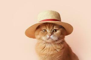 ai gegenereerd zomer vakantie concept. rood kat in een rietje hoed. ai gegenereerd foto