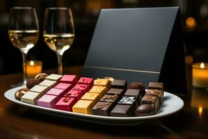 ai gegenereerd minimalistische single oorsprong valentijnsdag chocola proeverij verspreiding met een rijk bordeaux en gedempt goud kleur thema foto