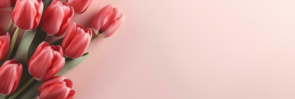 ai gegenereerd scharlaken tulp arrangement tegen zacht pastel backdrop teder kleur regeling voor valentijnsdag dag conceptuele achtergrond foto