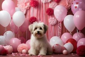 ai gegenereerd valentijnsdag themed huisdier fotografie sessie met een verwend hond temidden van hart vormig ballonnen in een chique arctisch wit en bloemblad roze kleur regeling foto