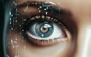ai gegenereerd de cybernetisch oog van kunstmatig intelligentie- transformeert menselijk visie foto