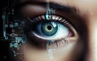 ai gegenereerd de cybernetisch oog van kunstmatig intelligentie- transformeert menselijk visie foto