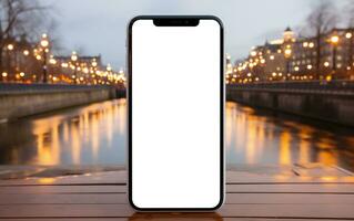 ai gegenereerd smartphone mockup Aan de achtergrond van de stad en straat foto