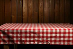 ai gegenereerd een rood geruit tafelkleed Aan een houten tafel, reeks tegen een houten achtergrond foto