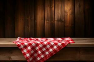 ai gegenereerd een rood geruit tafelkleed Aan een houten tafel, reeks tegen een houten achtergrond foto