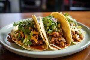 ai gegenereerd drie taco's zijn zittend Aan een bord foto